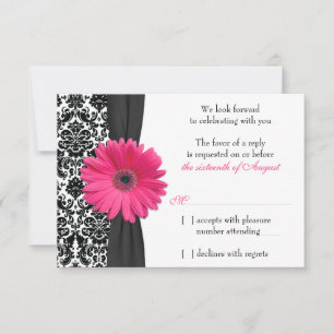 Gerber Daisy Pink Black Damask Wedding RSVP Reply Card
