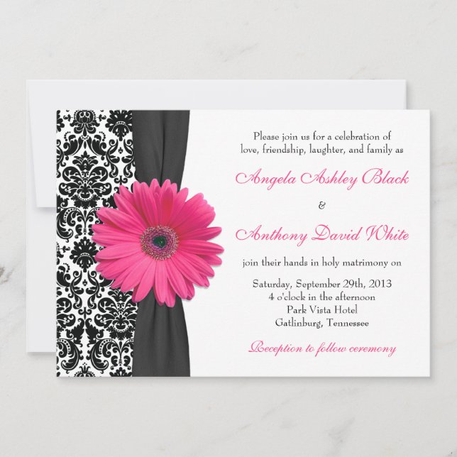 Gerber Daisy Pink Black White Damask Wedding Invitation (Front)