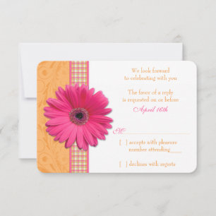 Gerber Daisy Pink Orange Plaid Wedding RSVP Reply