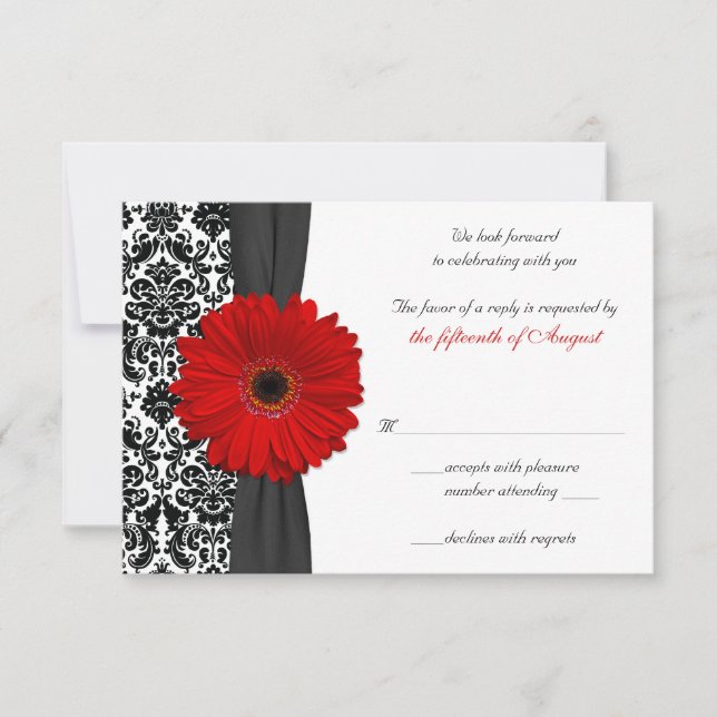 Gerber Daisy Red Black Damask Wedding Reply Card (Front)