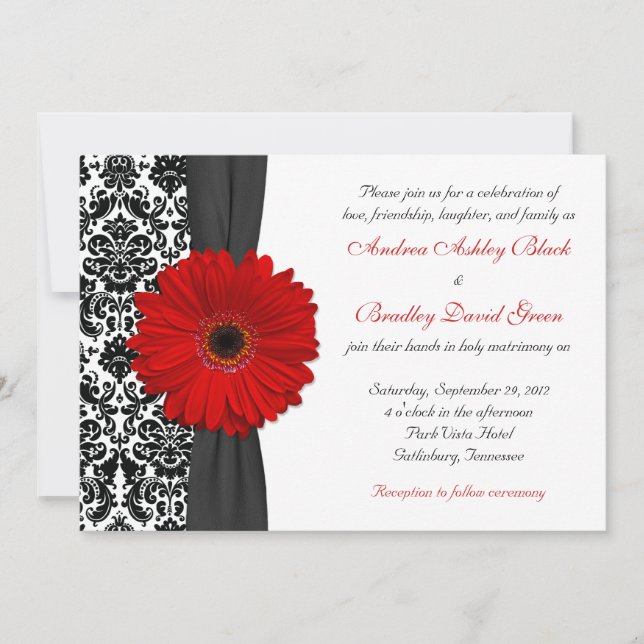 Gerber Daisy Red Black White Damask Wedding Invitation (Front)