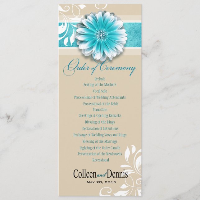 Gerber Daisy Scroll 1 Wedding Program teal Programme (Front)