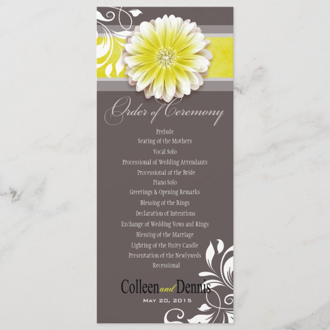 Gerber Daisy Scroll 1 Wedding Program yellow Programme (Front)