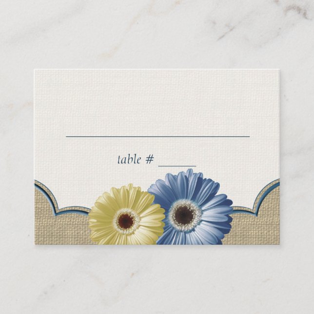 Gerbera Daisy and Burlap Blue and Yellow Seating Place Card (Front)