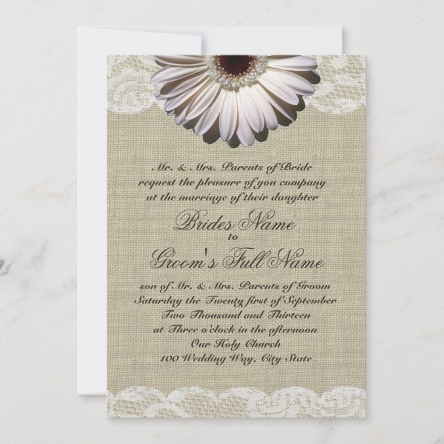 Gerbera Daisy and Lace Country Burlap Wedding Invitation (Front)