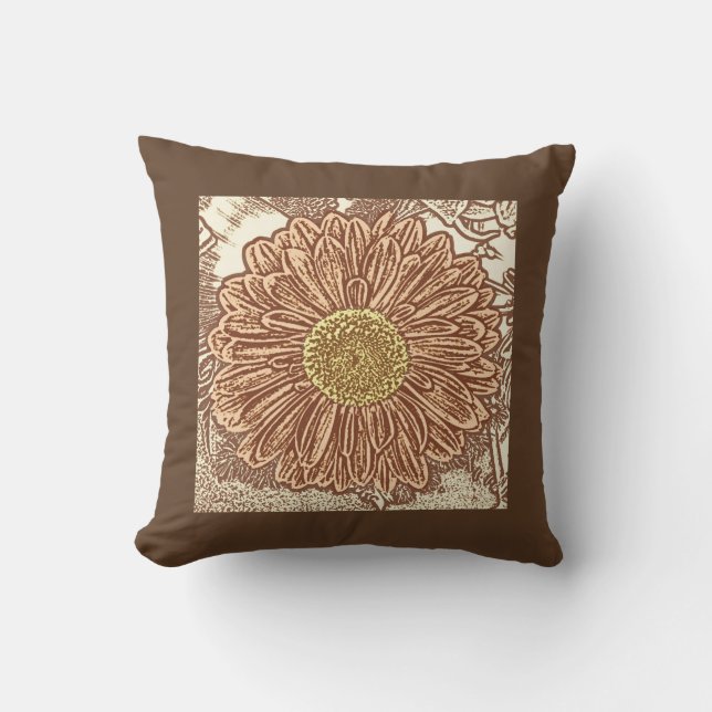 Gerbera Daisy Block Print - brown and tan Cushion (Front)