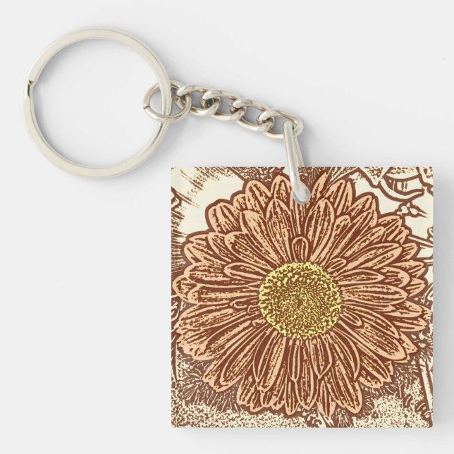Gerbera Daisy Block Print - brown and tan Key Ring (Front)