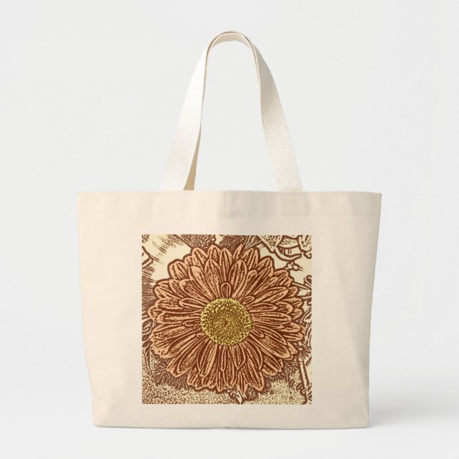 Gerbera Daisy Block Print - brown and tan Large Tote Bag (Front)