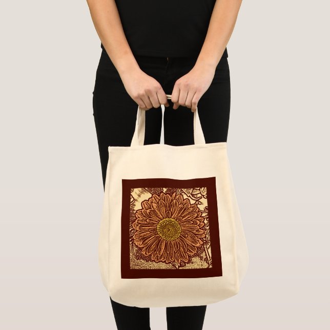 Gerbera Daisy Block Print, Brown and Tan Tote Bag (Front (Product))