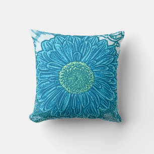 Gerbera Daisy Block Print - cerulean blue Cushion