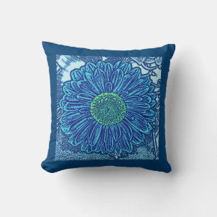 Gerbera Daisy Block Print, Cerulean & Indigo Blue Cushion