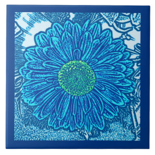 Gerbera Daisy Block Print, Cerulean & Indigo Blue Tile