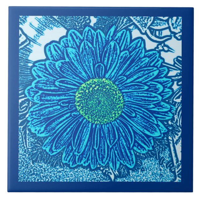 Gerbera Daisy Block Print, Cerulean & Indigo Blue  Tile (Front)