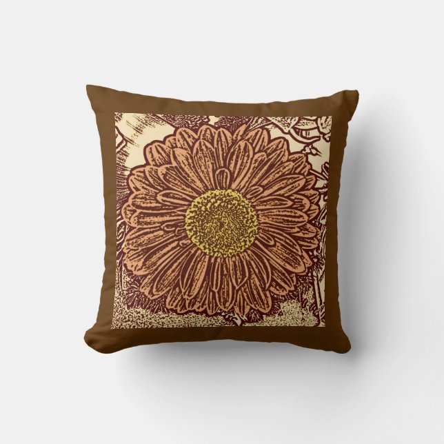 Gerbera Daisy Block Print, Chocolate Brown and Tan Cushion (Front)