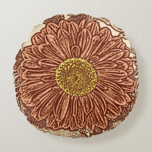 Gerbera Daisy Block Print, Chocolate Brown and Tan Round Cushion