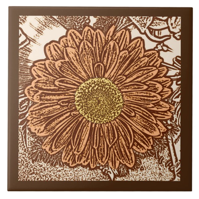 Gerbera Daisy Block Print, Chocolate Brown and Tan Tile (Front)