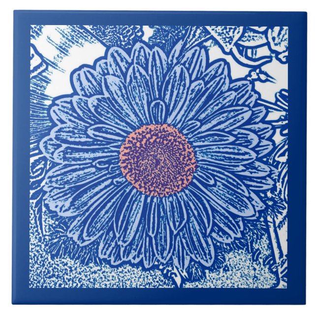 Gerbera Daisy Block Print, Cobalt and Sky Blue Tile (Front)