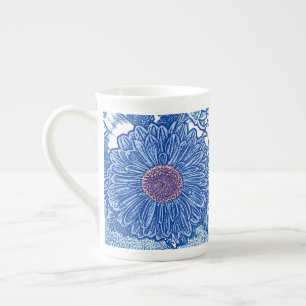 Gerbera Daisy Block Print - cobalt blue Bone China Mug