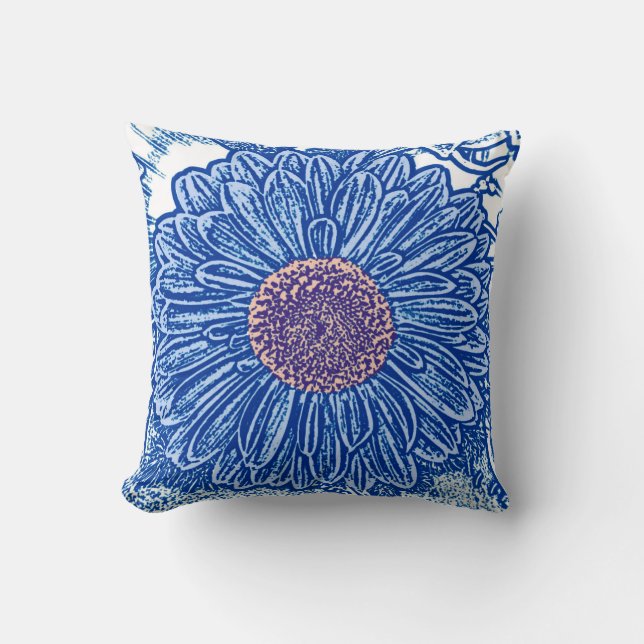 Gerbera Daisy Block Print - cobalt blue Cushion (Front)