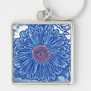 Gerbera Daisy Block Print - cobalt blue Key Ring