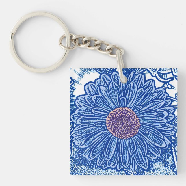 Gerbera Daisy Block Print - cobalt blue Key Ring (Front)