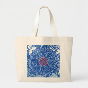 Gerbera Daisy Block Print - cobalt blue Large Tote Bag