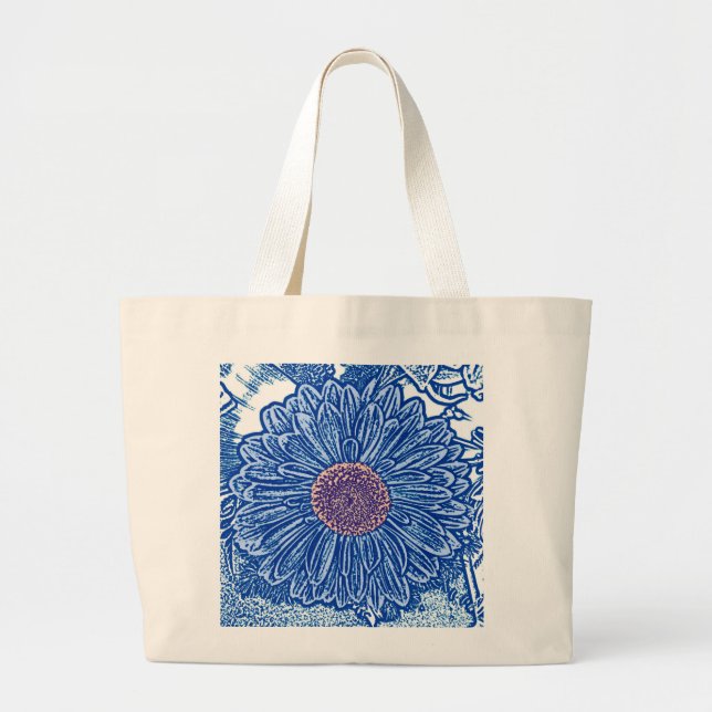 Gerbera Daisy Block Print - cobalt blue Large Tote Bag (Front)