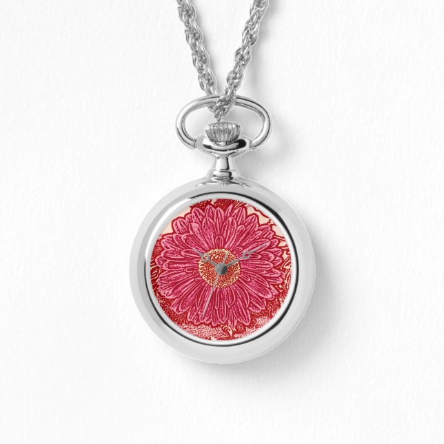 Gerbera Daisy Block Print - coral and pink Watch (Front)