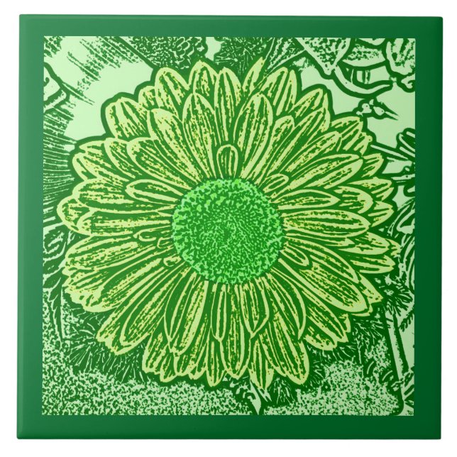 Gerbera Daisy Block Print, Emerald and Lime Green Tile (Front)