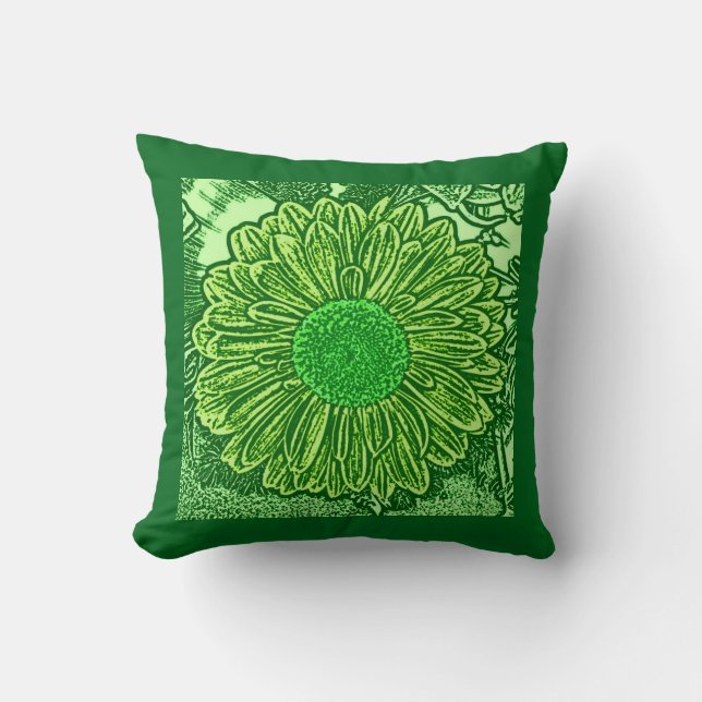 Gerbera Daisy Block Print, Lime & Emerald Green Cushion (Front)