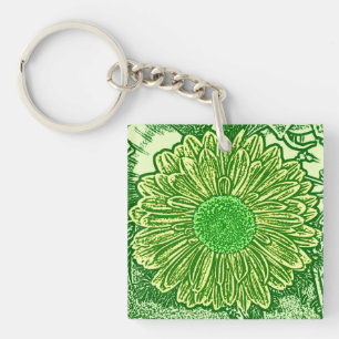Gerbera Daisy Block Print - lime green Key Ring