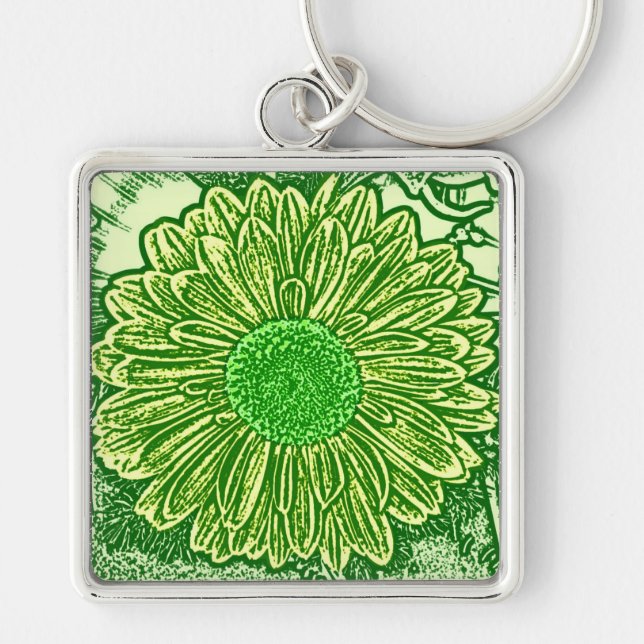 Gerbera Daisy Block Print - lime green Key Ring (Front)