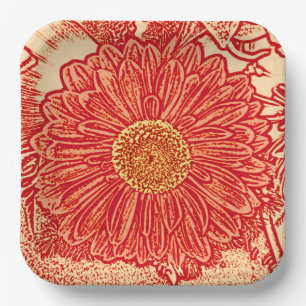Gerbera Daisy Block Print, Mandarin Orange Paper Plate