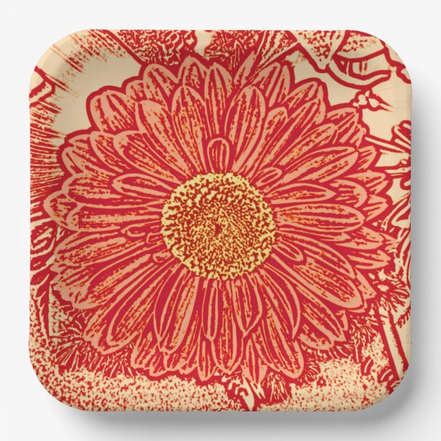 Gerbera Daisy Block Print, Mandarin Orange Paper Plate (Front)