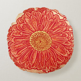 Gerbera Daisy Block Print, Mandarin Orange Round Cushion