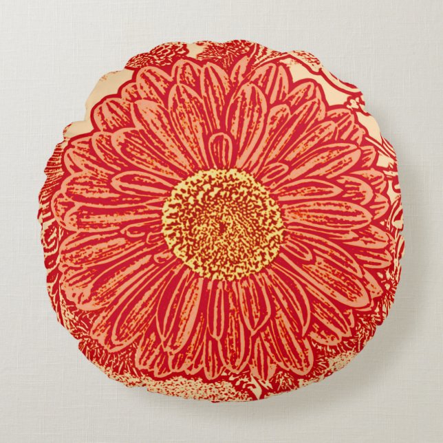 Gerbera Daisy Block Print, Mandarin Orange Round Cushion (Front)