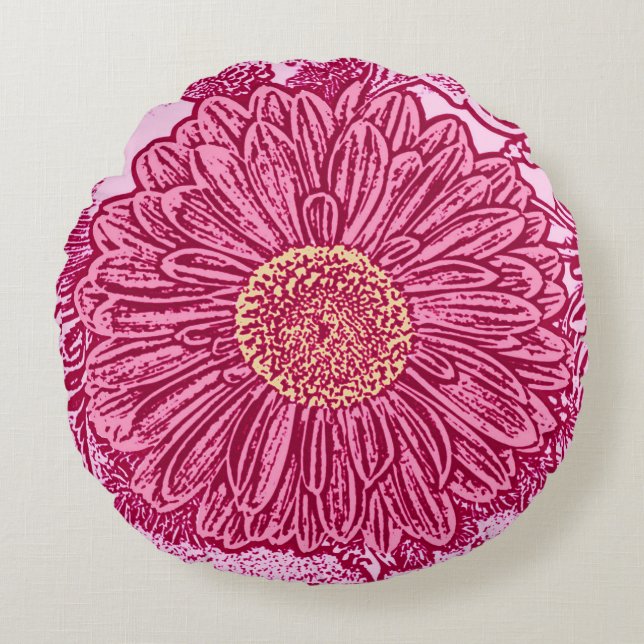 Gerbera Daisy Block Print, Maroon & Pastel Pink Round Cushion (Front)