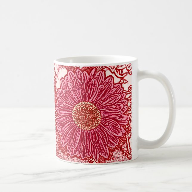 Gerbera Daisy Block Print - red and pink Coffee Mug (Right)