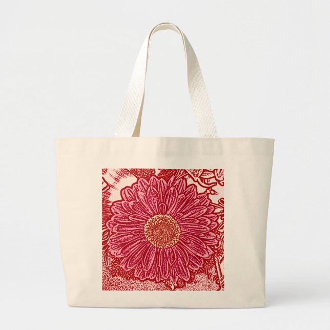Gerbera Daisy Block Print - red and pink Large Tote Bag (Front)