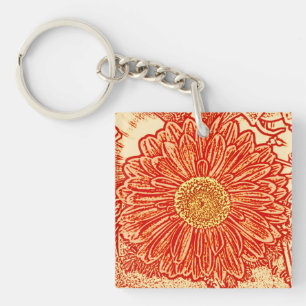 Gerbera Daisy Block Print - saffron orange Key Ring