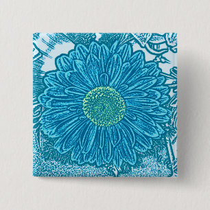Gerbera Daisy Block Print - sea blue 15 Cm Square Badge