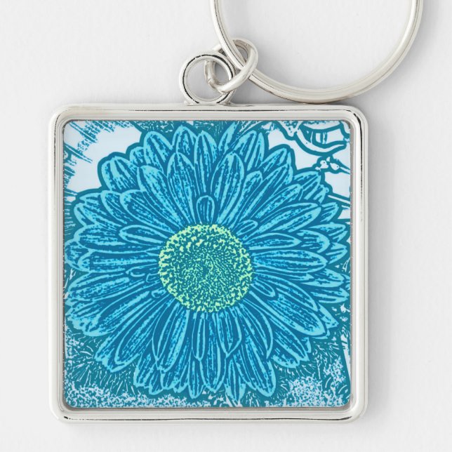 Gerbera Daisy Block Print - sea blue Key Ring (Front)