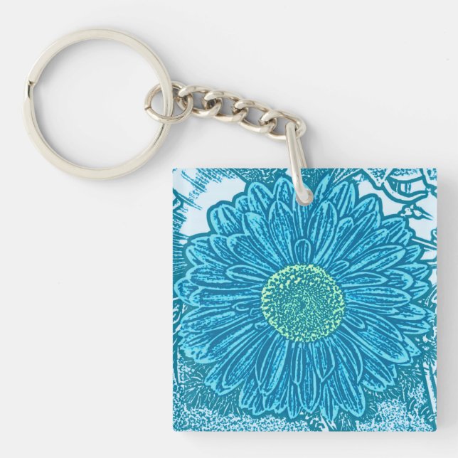 Gerbera Daisy Block Print - sea blue Key Ring (Front)