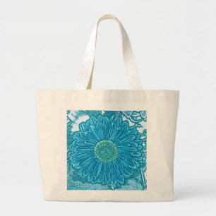 Gerbera Daisy Block Print - sea blue Large Tote Bag