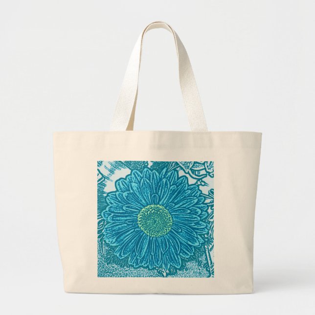 Gerbera Daisy Block Print - sea blue Large Tote Bag (Front)