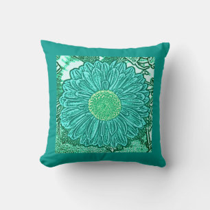 Gerbera Daisy Block Print - shades of aqua Cushion