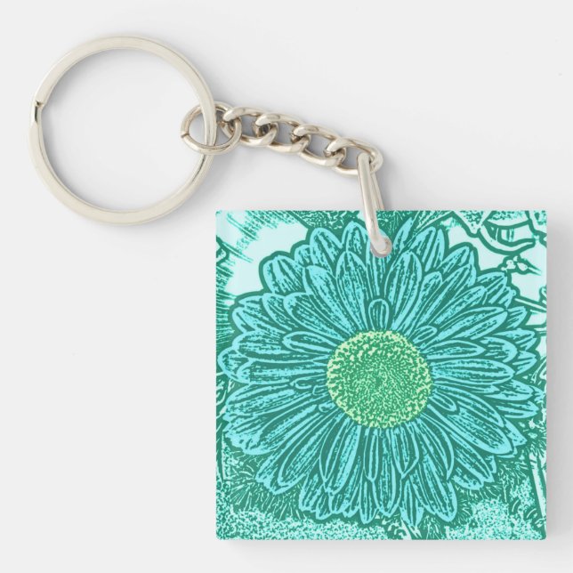Gerbera Daisy Block Print - shades of aqua Key Ring (Front)