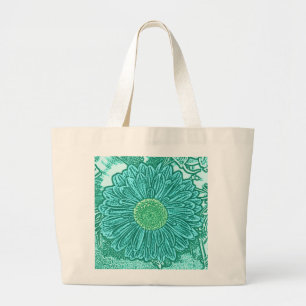 Gerbera Daisy Block Print - shades of aqua Large Tote Bag