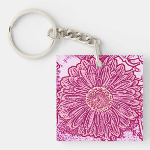 Gerbera Daisy Block Print - shades of pink Key Ring