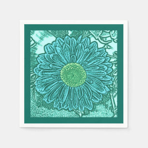 Gerbera Daisy Block Print, Turquoise and Aqua Napkin
